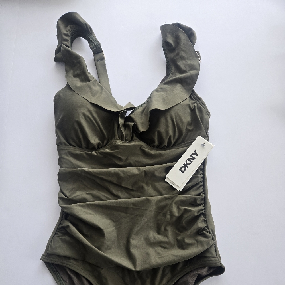 NWT DKNY Ruffled Plunge Tummy-Control One-Piece Swimsuit - Small